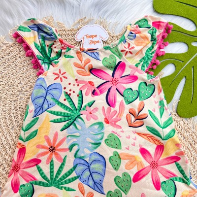  Vestido Floral Tropical com Pompons - Colorido